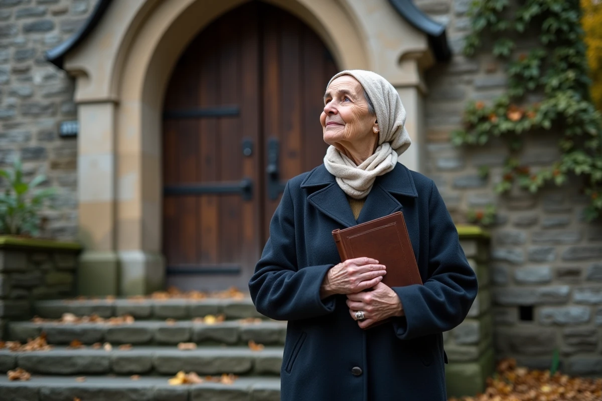 Vieille dame tenant un livre de prières devant l'entrée d'une église de village en pierre