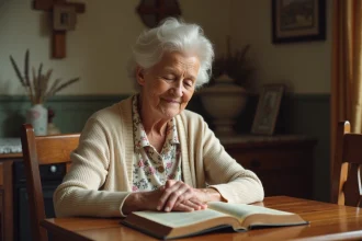 Grand-mère âgée en prière les mains posées sur une Bible ouverte dans une cuisine chaleureuse et rustique