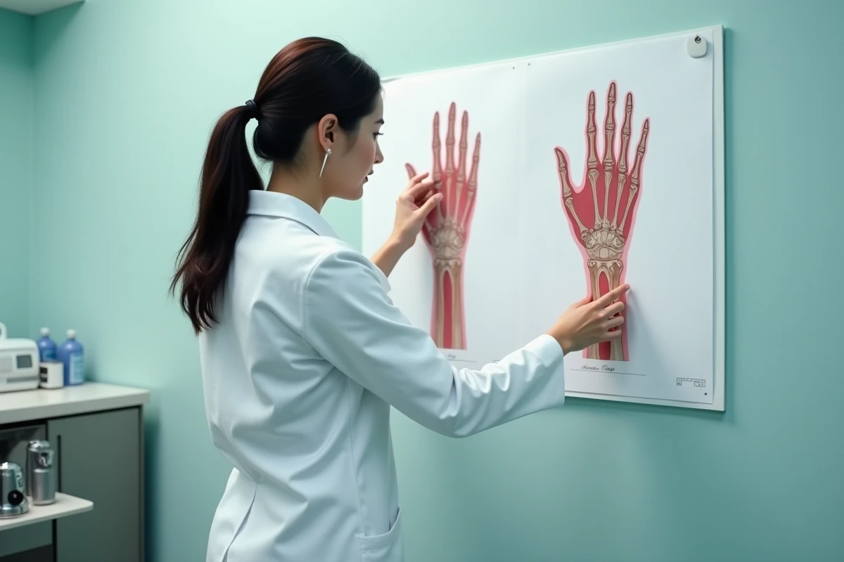 Médecin en blouse blanche présentant un schéma anatomique de la main dans un cabinet médical, dans le contexte d'une explication sur les implants GPS sous-cutanés
