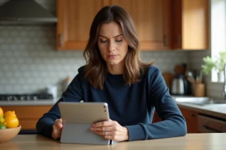 Une mère de famille assise à la table de cuisine suit un tutoriel sur tablette pour télécharger l'application Mon Proxima sur mobile
