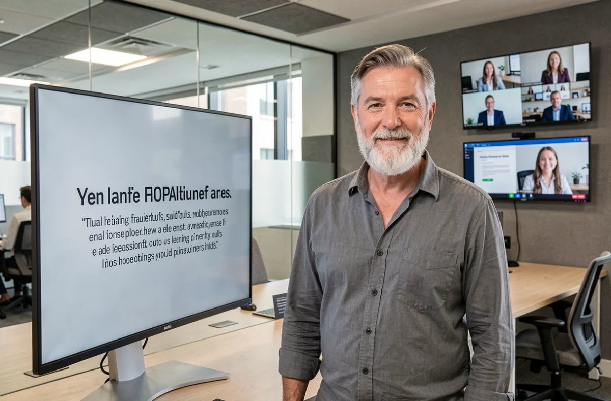 Collègue en départ à la retraite devant un message d'adieu affiché dans un bureau hybride combinant présentiel et télétravail