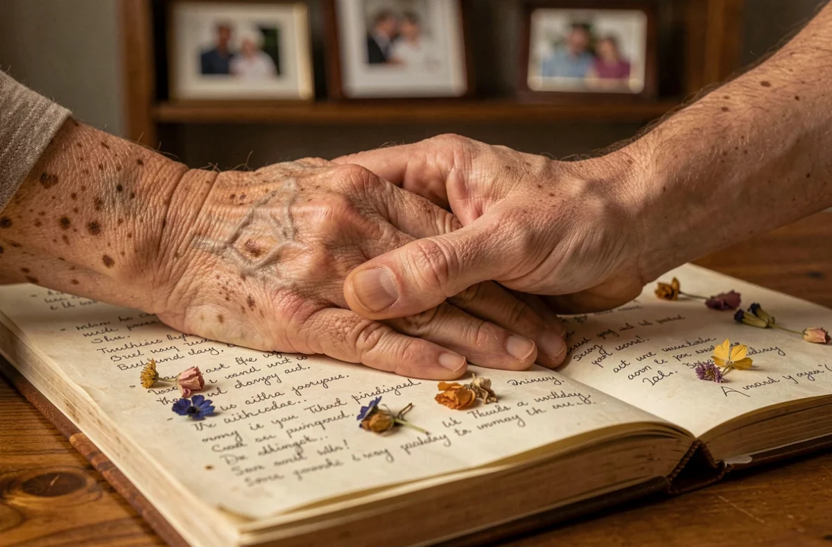 Mains entrelacées d'un septuagénaire et d'un proche autour d'un journal de vœux d'anniversaire manuscrit