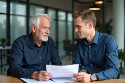 Senior en CDI négociant des clauses contractuelles avec un responsable RH dans un bureau moderne