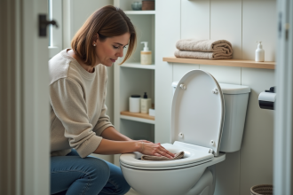 Femme d'âge moyen nettoyant une toilette avec un chiffon doux