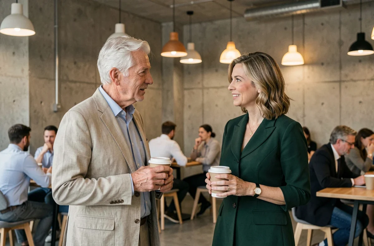 Deux cadres seniors en réseau professionnel dans un espace de coworking moderne, illustrant les opportunités d'emploi et de mise en valeur des profils expérimentés