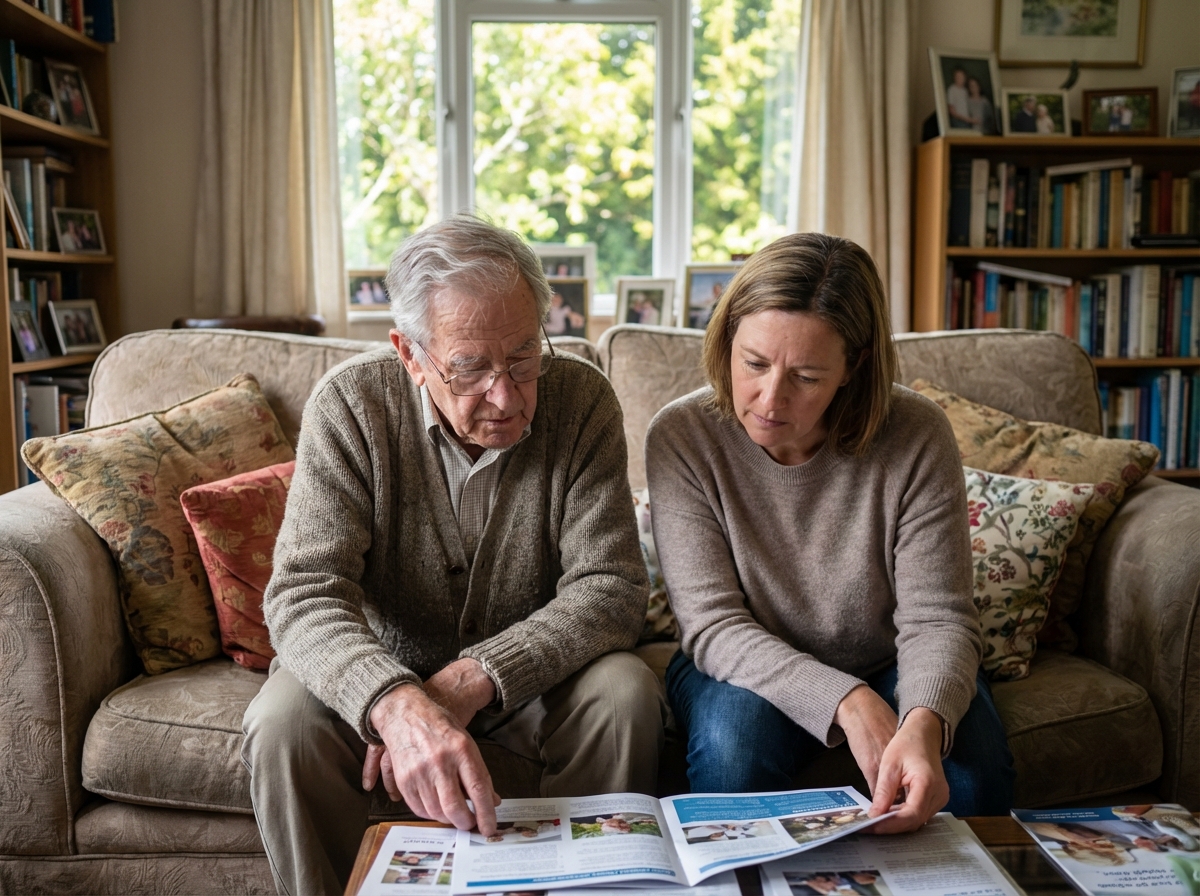 Père âgé et fille examinant des brochures dans le salon