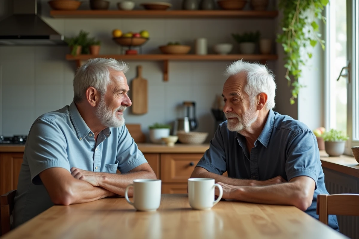 Fils et pere agee discutant a la table de cuisine