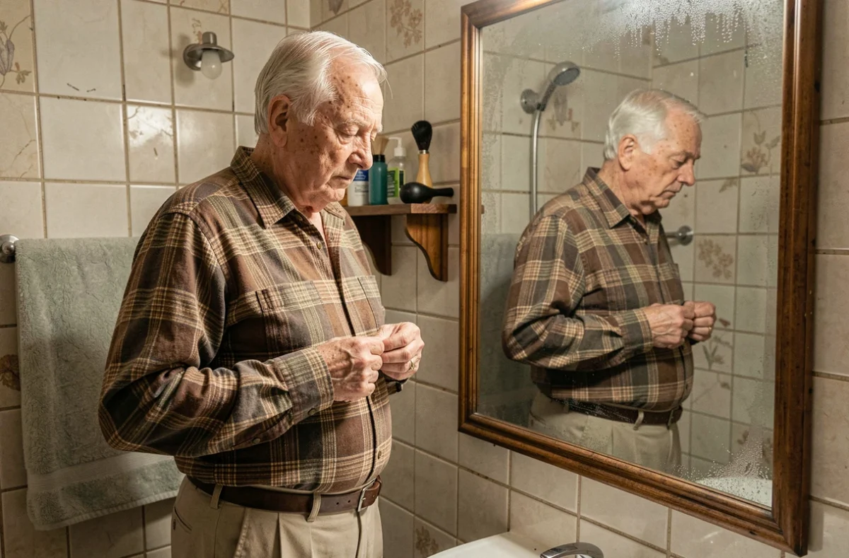 Personne âgée s'habillant seule dans une salle de bain, illustrant l'évaluation des activités de la vie quotidienne ADL