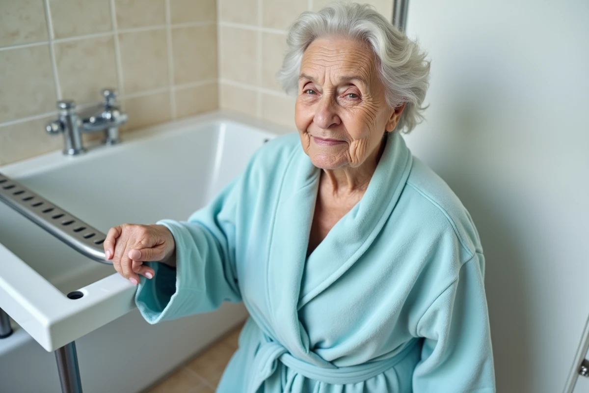 Personne âgée utilisant une barre d'appui pour entrer dans une baignoire PMR de manière sécurisée