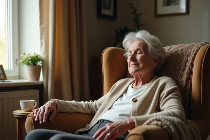 Femme âgée qui somnole dans un fauteuil à domicile, illustrant la somnolence excessive chez les personnes âgées