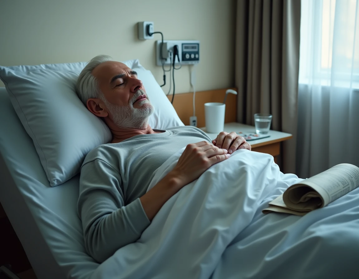 Homme âgé endormi dans un lit médicalisé en maison de retraite, signe possible de perte d'autonomie