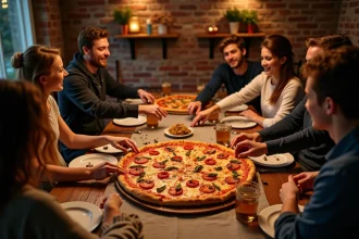 Grande pizza familiale partagée autour d'une table en bois par un groupe d'adultes et d'adolescents lors d'une soirée conviviale