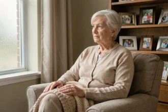 Femme âgée atteinte de démence assise dans une chambre d'établissement spécialisé, regardant par la fenêtre avec une expression apaisée