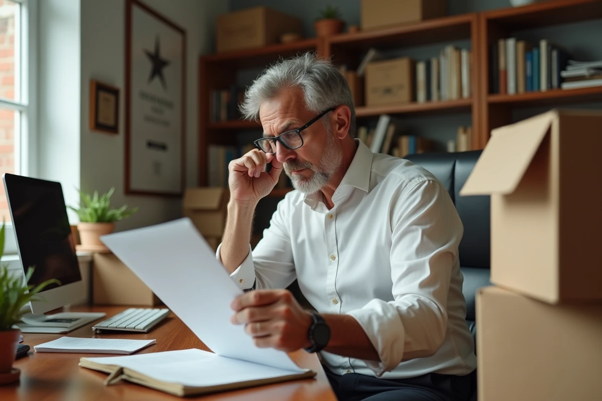 Homme en fin de carrière relisant son discours de départ à la retraite assis à son bureau entouré de cartons