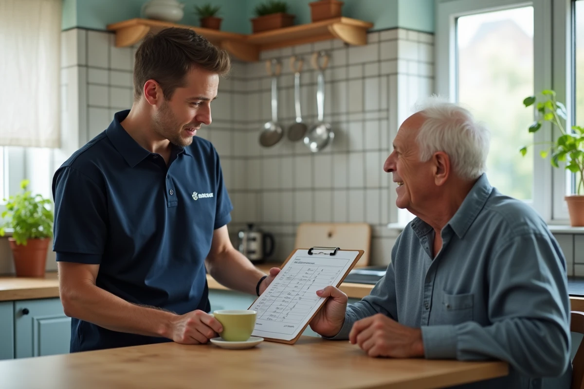 Un professionnel de l'aide à domicile vérifiant un planning de soins avec un senior dans une cuisine résidentielle