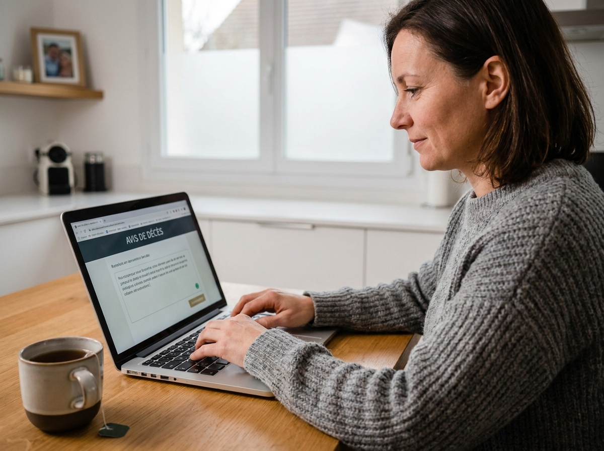 Femme publiant une annonce de décès en ligne depuis son domicile au Luxembourg sur un site d'avis mortuaires