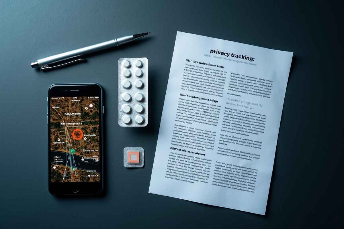 Vue en plongée d'un smartphone affichant une carte GPS, d'une puce biométrique emballée et d'un document de politique de confidentialité, symbolisant les enjeux de surveillance et de protection des données personnelles