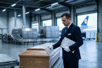 Agent funéraire en uniforme vérifiant les documents officiels de rapatriement d'un cercueil dans un terminal cargo international d'aéroport