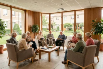 Salle commune animée d'une résidence seniors en Seine-Saint-Denis, avec des résidents âgés discutant et jouant dans un espace confortable et moderne