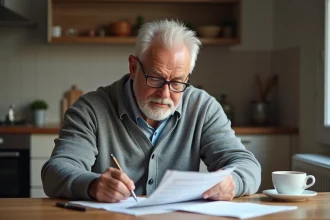 Retraité examinant ses documents de pension Agirc Arrco à la table de cuisine pour éviter les erreurs de revalorisation