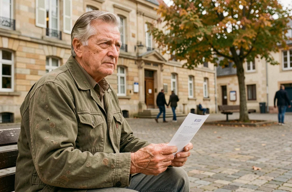 Ouvrier retraité de 62 ans tenant une lettre officielle devant une mairie française, symbolisant l'obtention de ses droits à la retraite anticipée sans décote