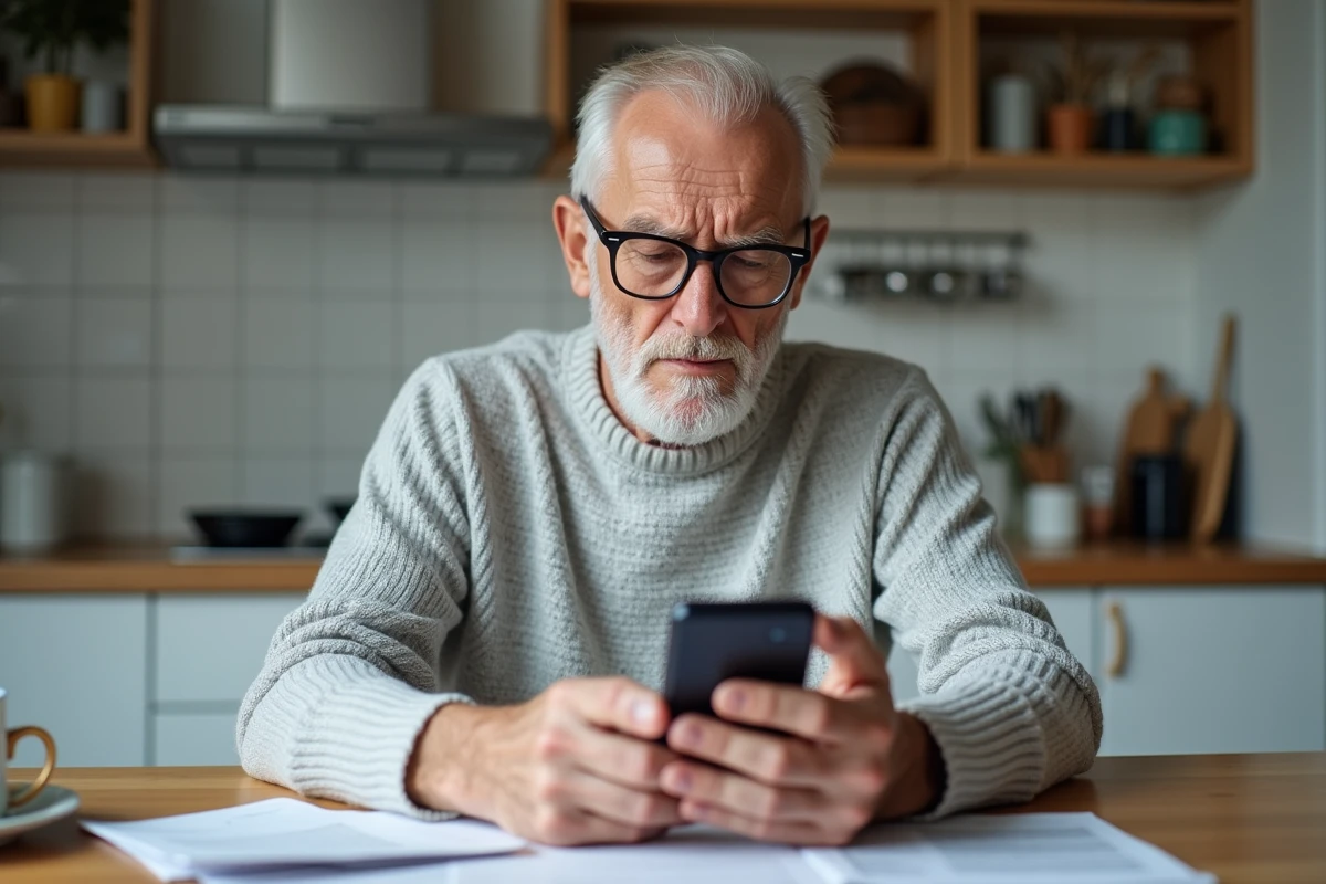 Homme retraité tentant de se connecter à France Connect sur smartphone pour accéder à son espace Agirc-Arrco