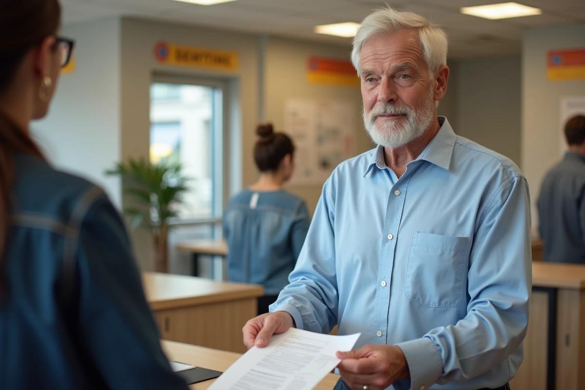 Homme retraité déposant ses documents administratifs de retraite au guichet d'un bureau de poste