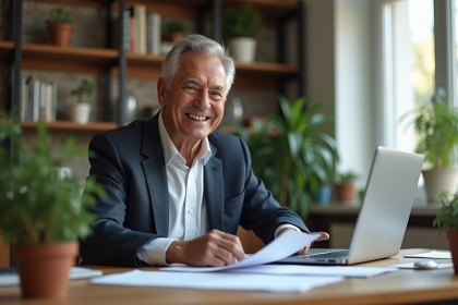 Homme retraité souriant dans son bureau cosy