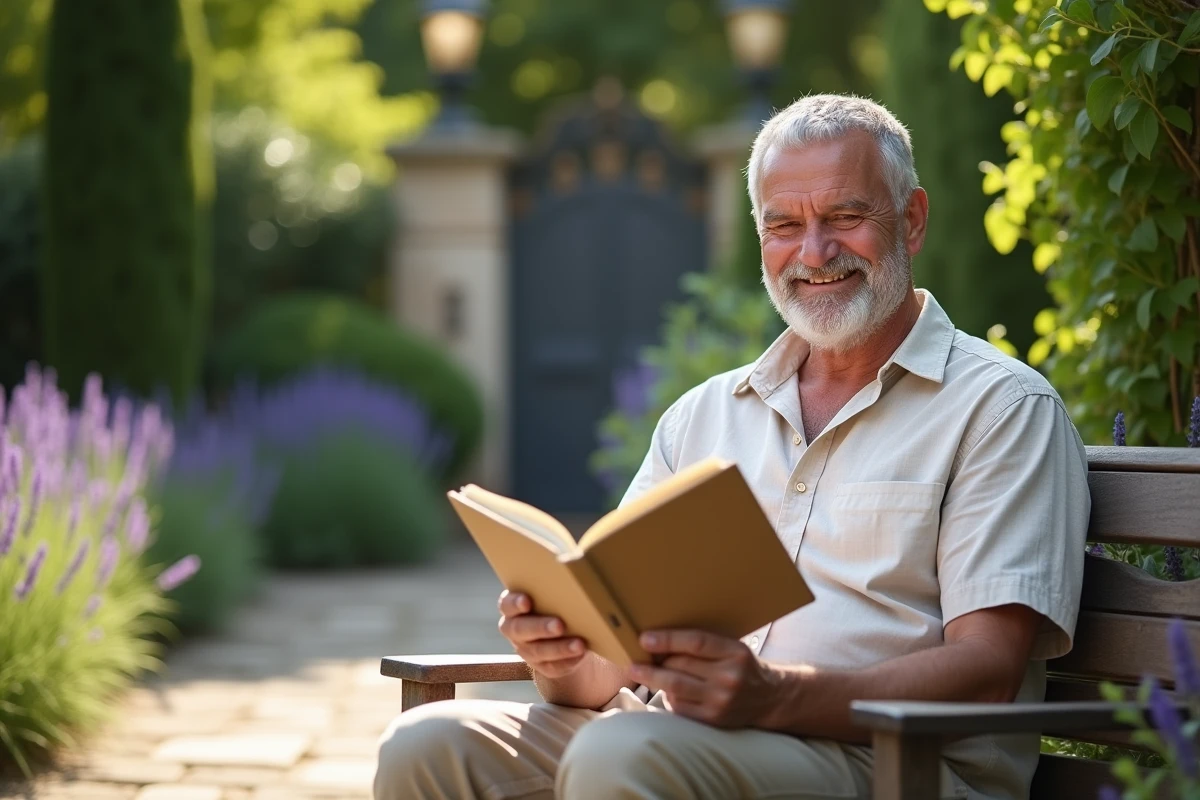 Homme retraité souriant lisant un livre humoristique sur la retraite dans un jardin paisible