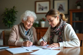 Seniors et fille examinant des papiers dans un salon chaleureux