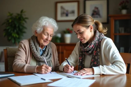 Seniors et fille examinant des papiers dans un salon chaleureux