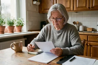 Retraitée consultant ses documents de budget et ses relevés de retraite Agirc-Arrco à la table de sa cuisine en janvier