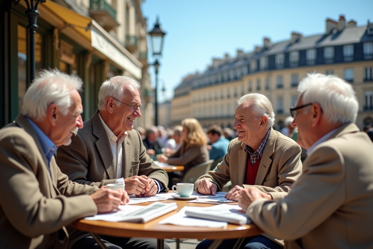 Retraites françaises discutant dans un café parisien ensoleille