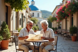 Couple de retraités français profitant d'une terrasse de café dans un village méditerranéen ensoleillé, consultant une carte de voyage