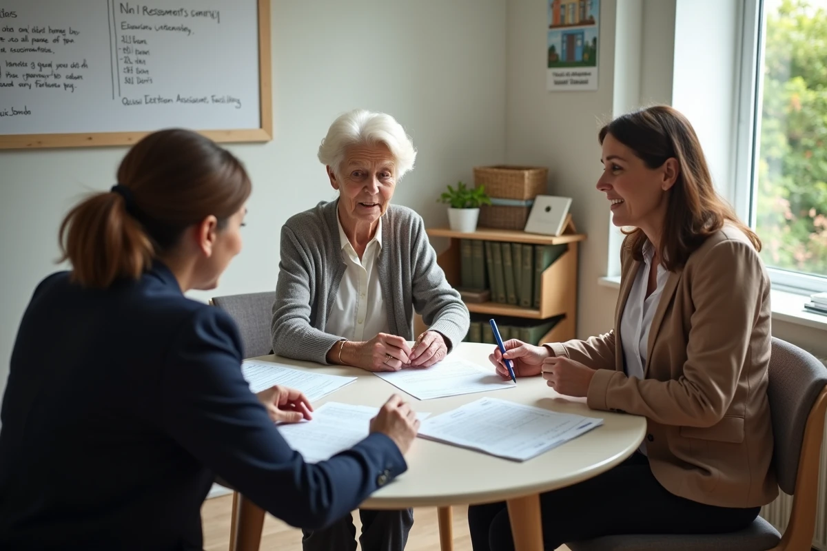 Une famille et une assistante sociale réunies en maison de retraite pour discuter des niveaux de dépendance GIR et du plan d'accompagnement personnalisé