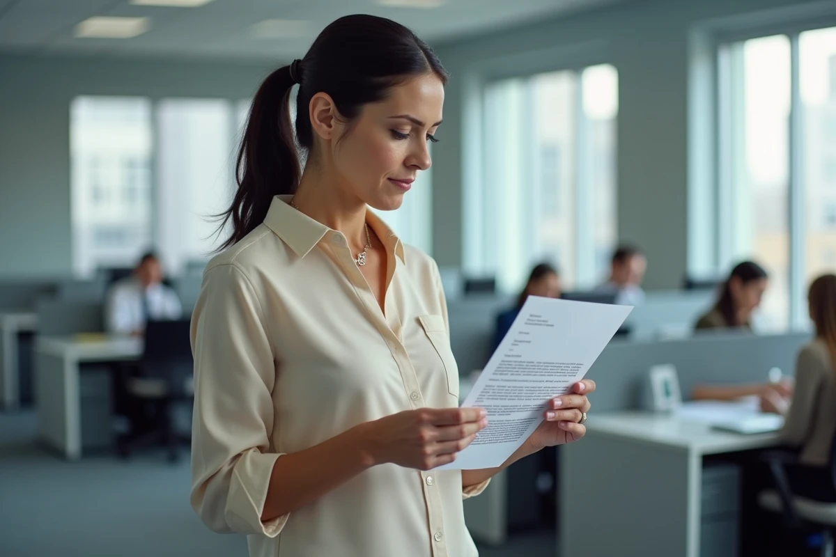 Salariée à temps partiel tenant sa lettre de départ en retraite dans un bureau en open space