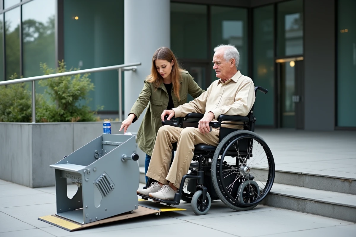 Senior en fauteuil roulant électrique et accompagnatrice évaluant un ascenseur portable devant un bâtiment public