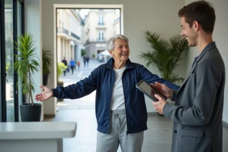 Femme senior souriante s'inscrivant à Quintonic Paris dans un centre communautaire moderne avec accueil personnalisé