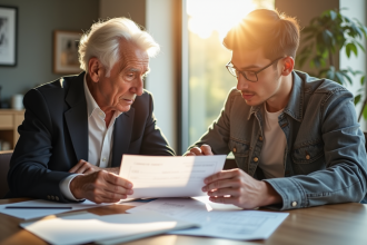 Personnes âgées et adulte lisant des documents juridiques