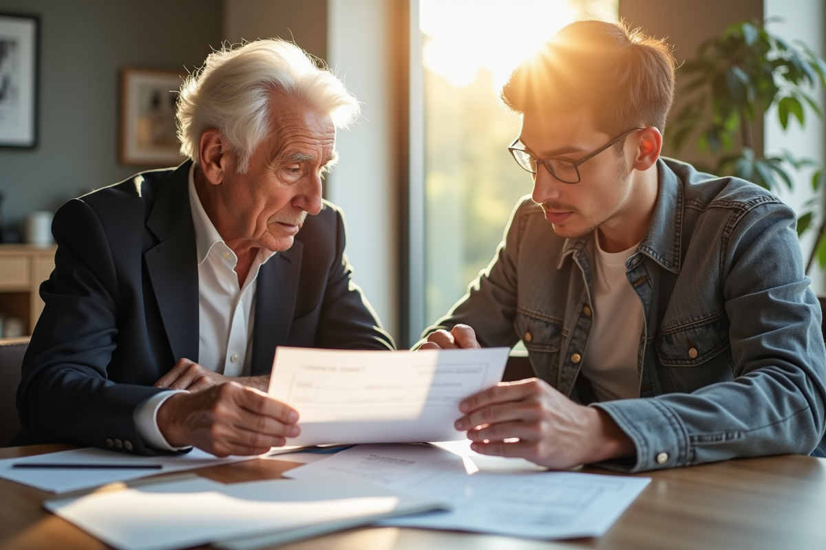 Personnes âgées et adulte lisant des documents juridiques