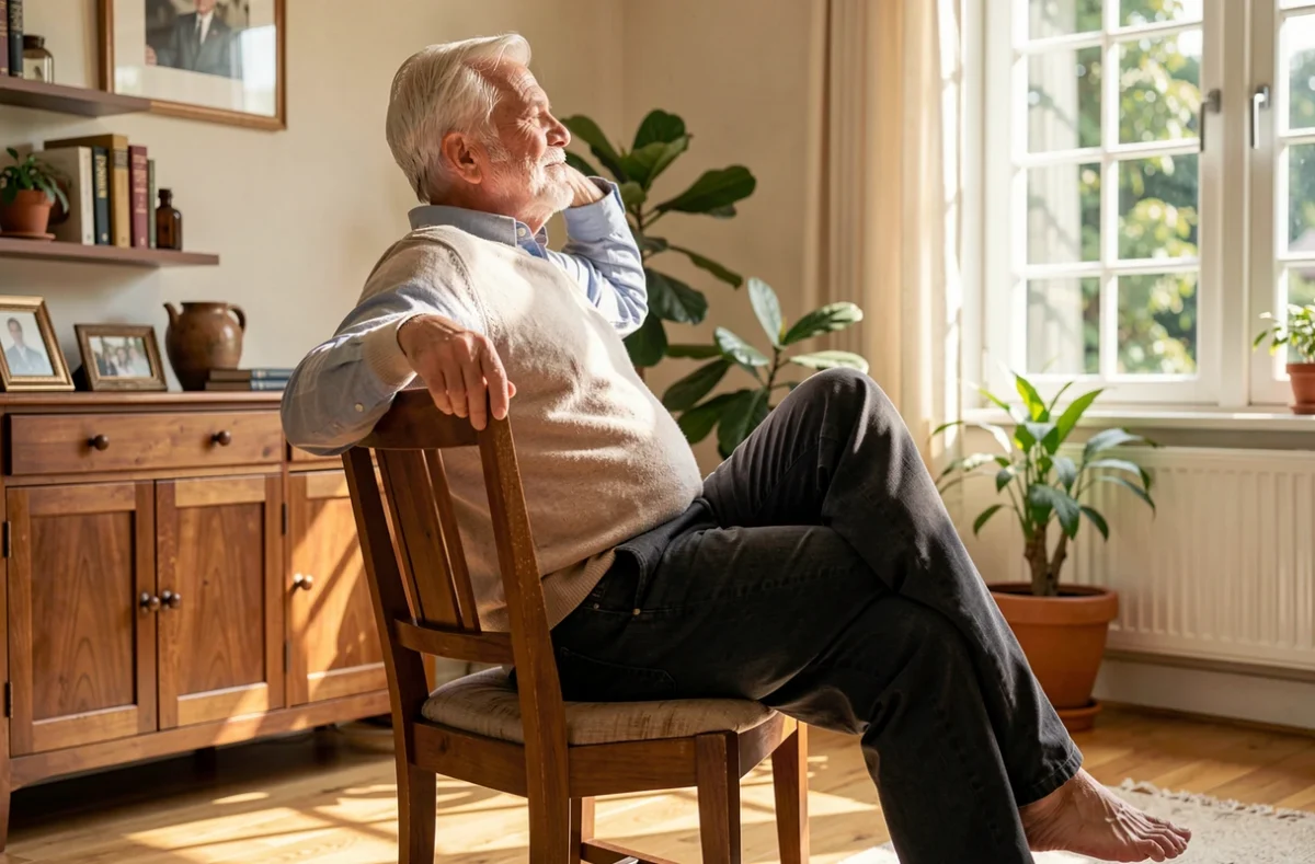 Senior assis sur une chaise qui fait une torsion douce du buste
