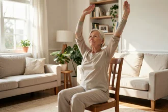 Senior assise sur une chaise qui fait un étirement doux dans son salon