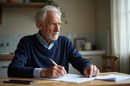 Un homme âgé réfléchissant à ses finances dans sa cuisine