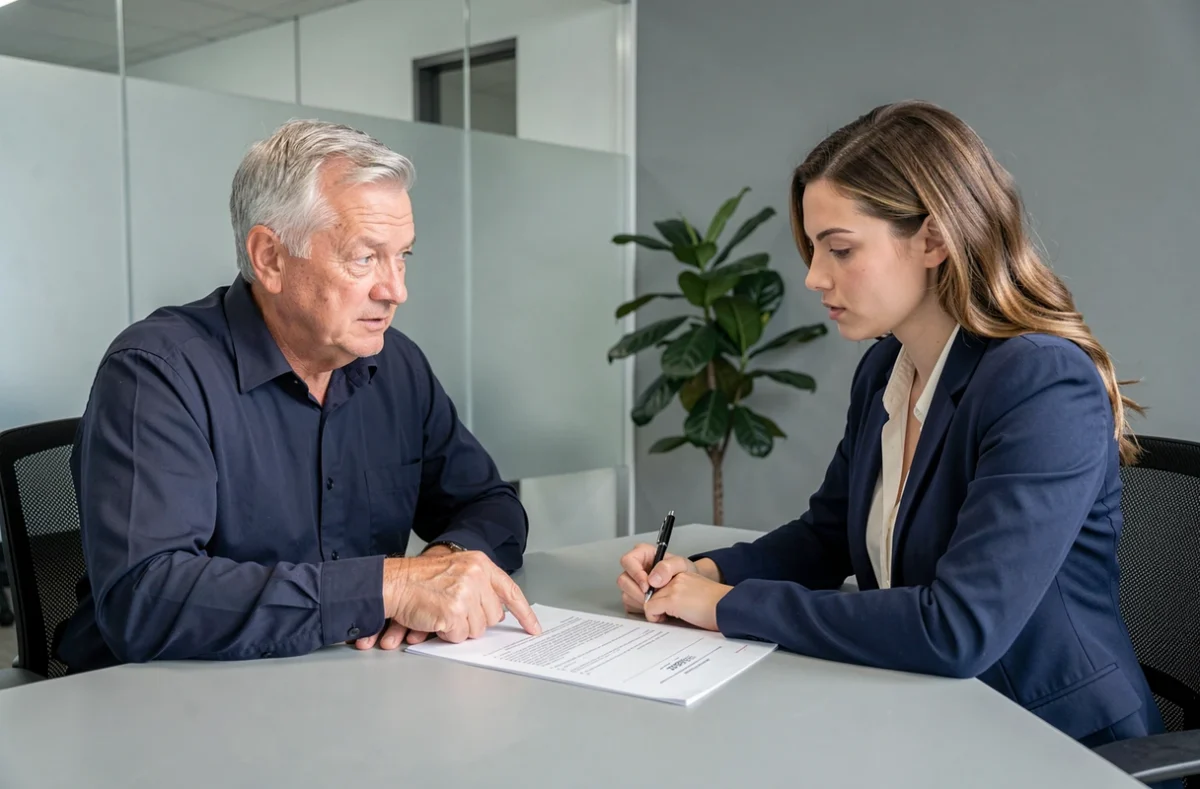 Senior en rendez-vous avec un conseiller pour poser des questions sur un devis de services à domicile