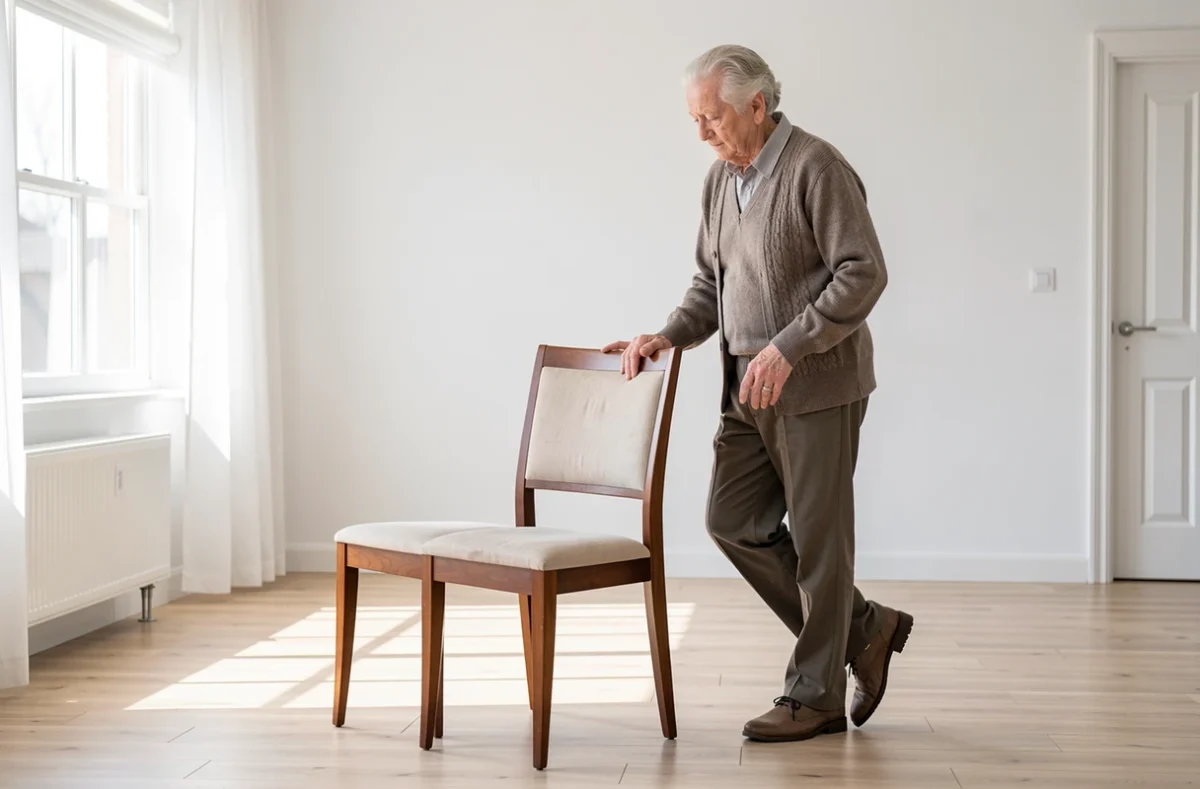 Senior debout appuyé au dossier d'une chaise en posture d'équilibre