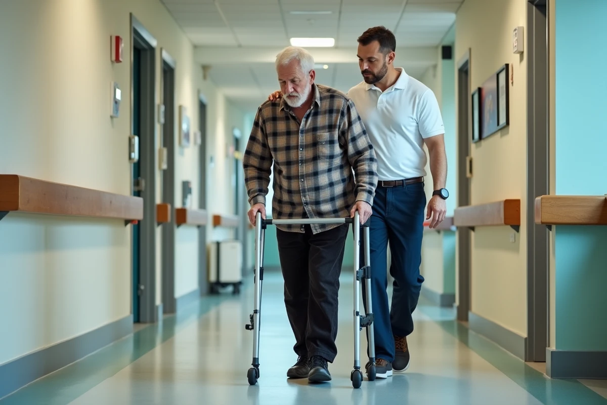 Un homme âgé utilisant un déambulateur dans le couloir d'une maison de retraite accompagné d'un kinésithérapeute, illustrant l'évaluation de l'autonomie