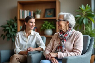 Femme senior élégante discutant avec le personnel dans un salon moderne