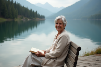 Femme senior souriante au bord du lac en nature