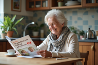 Femme âgée souriante lisant brochure retraite dans cuisine