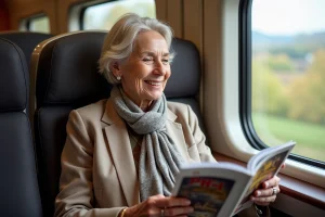 Femme senior souriante dans un train français moderne